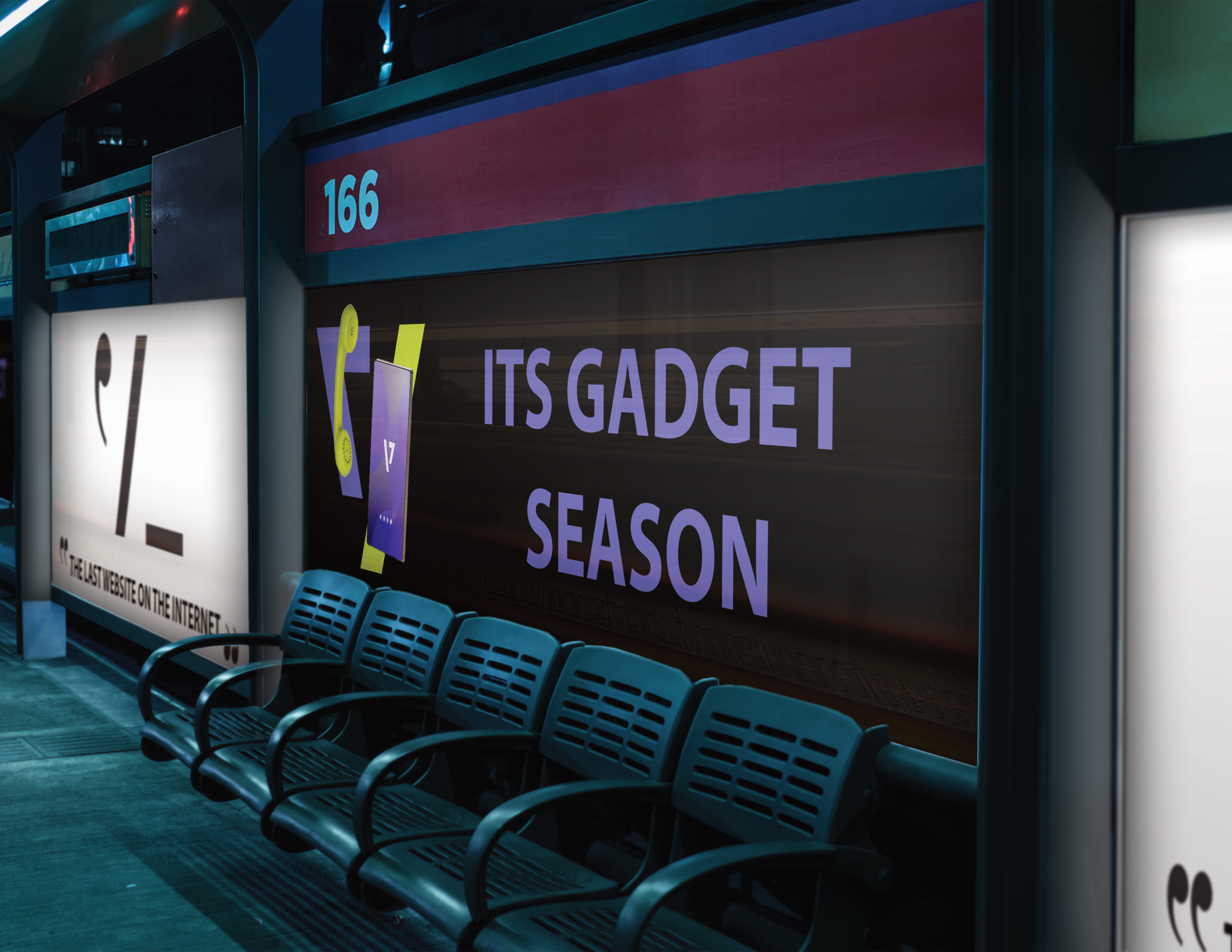 A mockup of an advertisemnt for behidn a bench that reads: Its Gadget Season